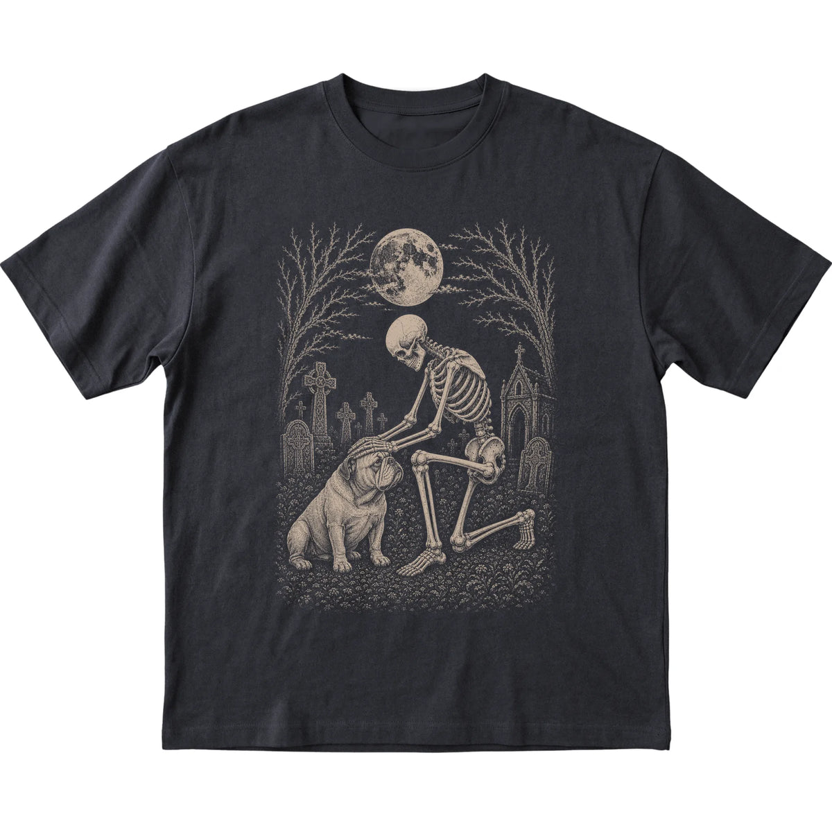 Skeleton petting a Bulldog in a graveyard on a Black T-shirt