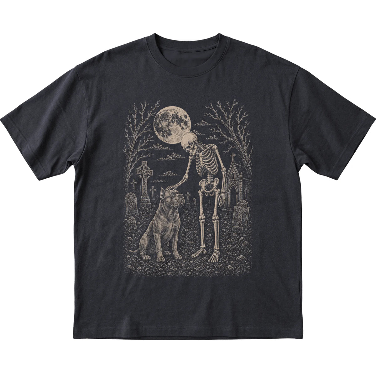 Skeleton petting a Cane Corso in a graveyard on a Black T-shirt