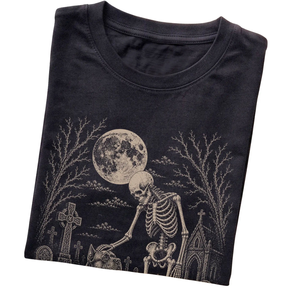 Folded Black T-shirt with a skeleton petting a Cane Corso in a graveyard