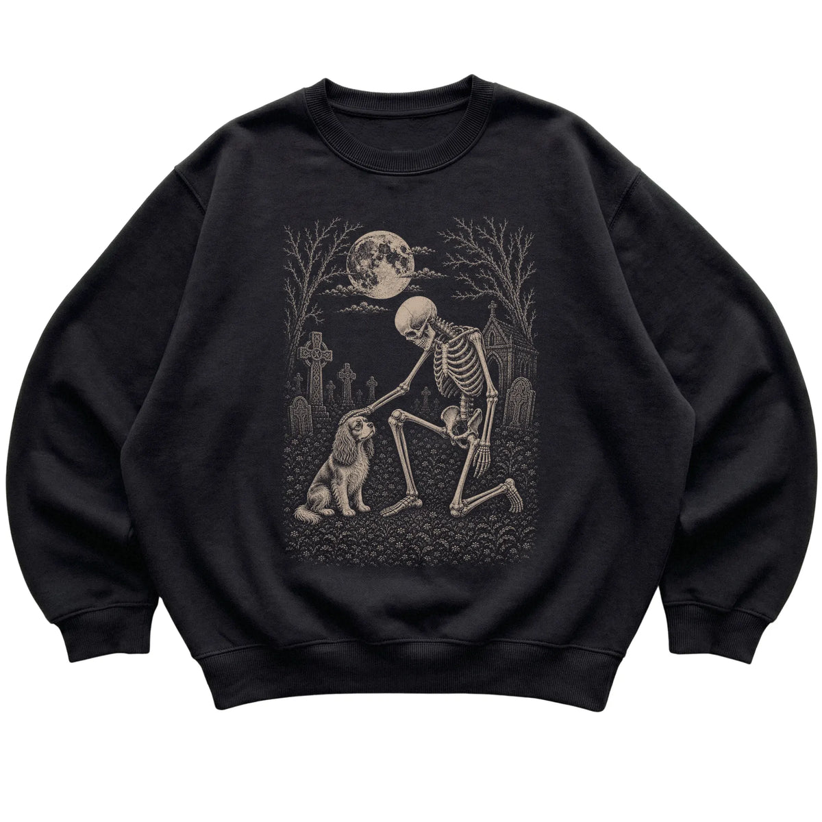 Skeleton petting a Cavalier in a graveyard on a Black sweatshirt