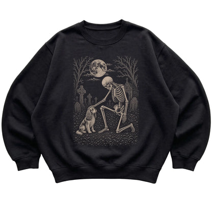 Skeleton petting a Cavalier in a graveyard on a Black sweatshirt