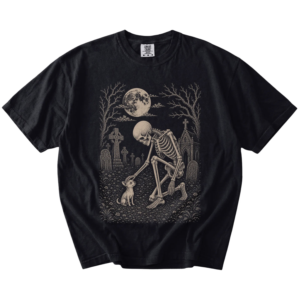 Chihuahua sharing a quiet cemetery moment with a friendly skeleton on a Black Comfort Colors® T-shirt