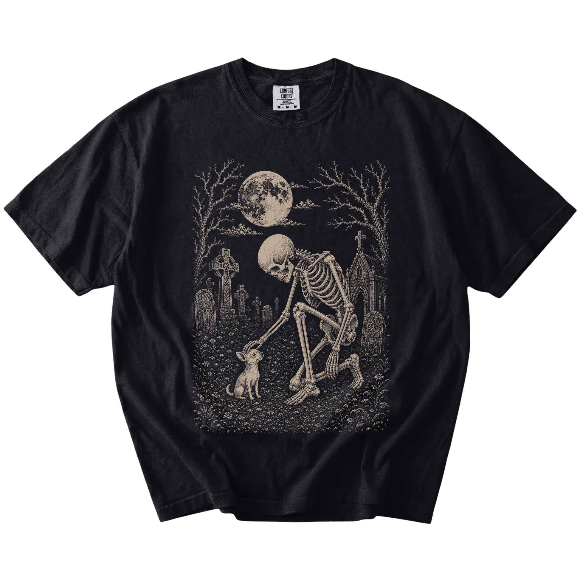 Chihuahua sharing a quiet cemetery moment with a friendly skeleton on a Black Comfort Colors® T-shirt