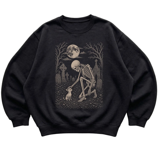 Skeleton petting a Chihuahua in a graveyard on a Black sweatshirt