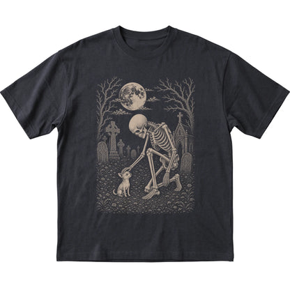 Skeleton petting a Chihuahua in a graveyard on a Black T-shirt