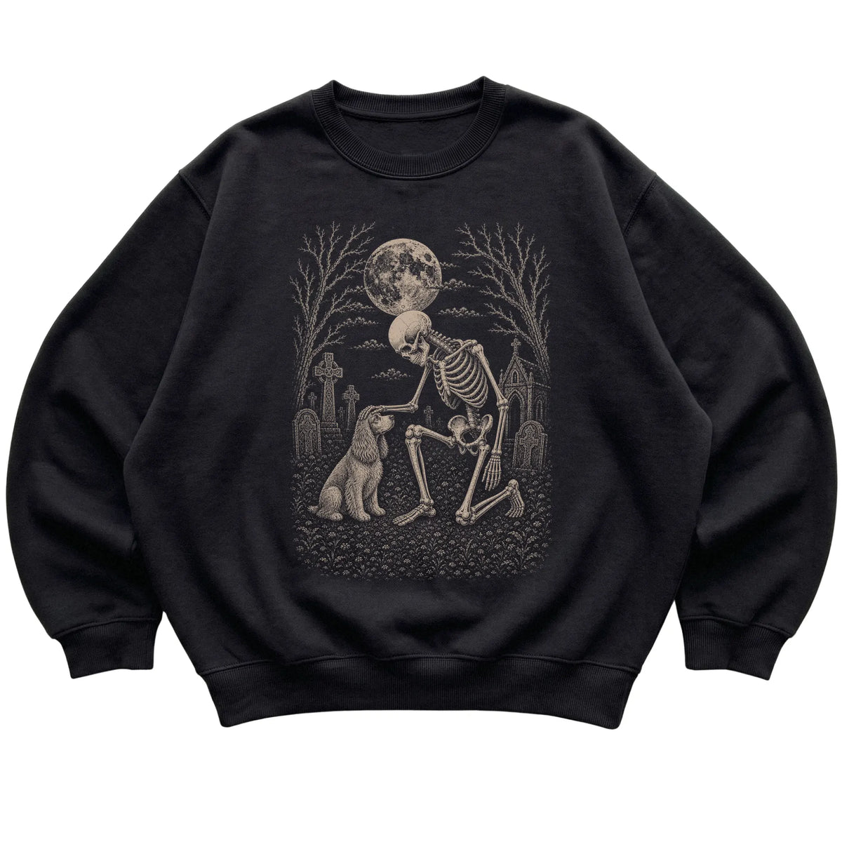 Skeleton petting a Cocker Spaniel in a graveyard on a Black sweatshirt