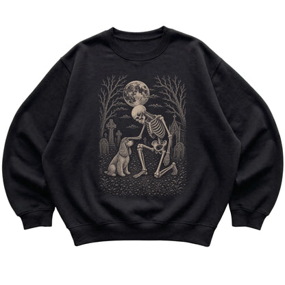 Skeleton petting a Cocker Spaniel in a graveyard on a Black sweatshirt
