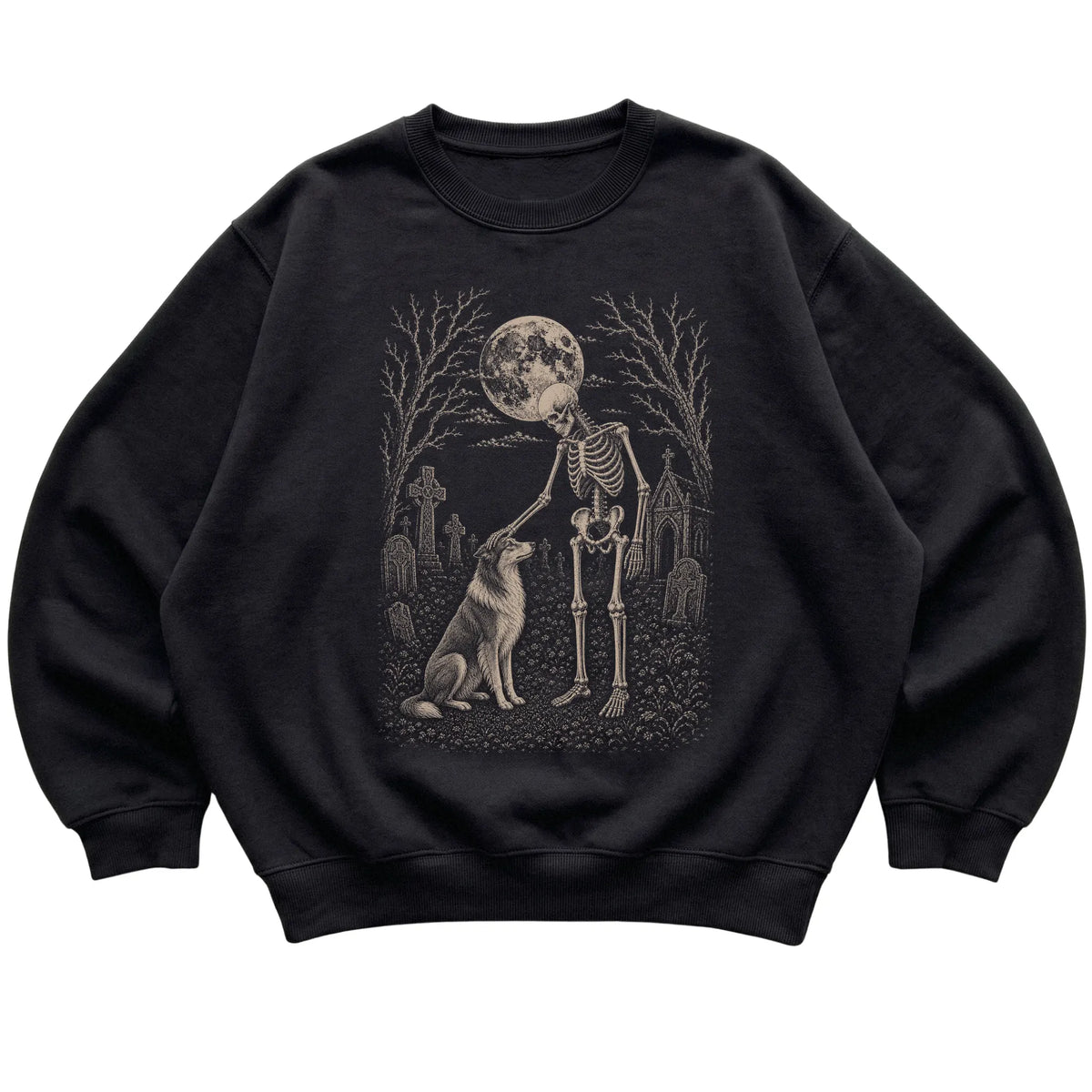 Skeleton petting a Collie in a graveyard on a Black sweatshirt