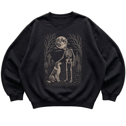 Skeleton petting a Collie in a graveyard on a Black sweatshirt