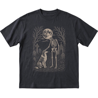 Skeleton petting a Collie in a graveyard on a Black T-shirt