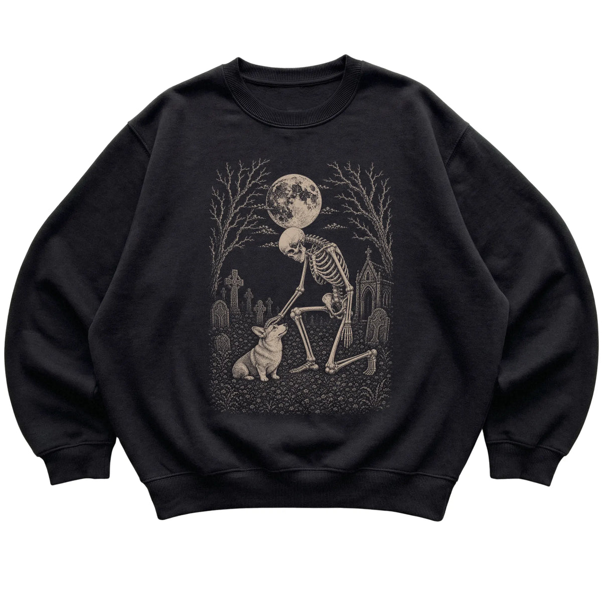 Skeleton petting a Corgi in a graveyard on a Black sweatshirt