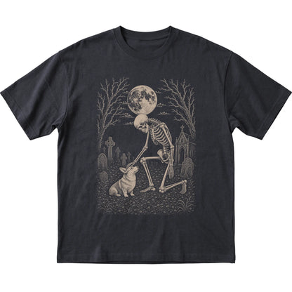 Skeleton petting a Corgi in a graveyard on a Black T-shirt