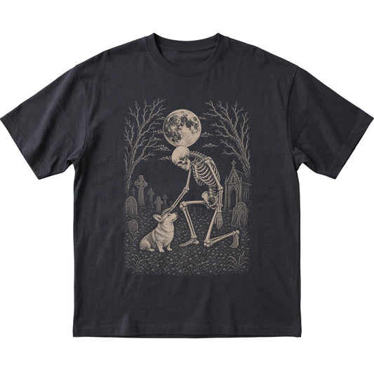 Skeleton petting a Corgi in a graveyard on a Black T-shirt