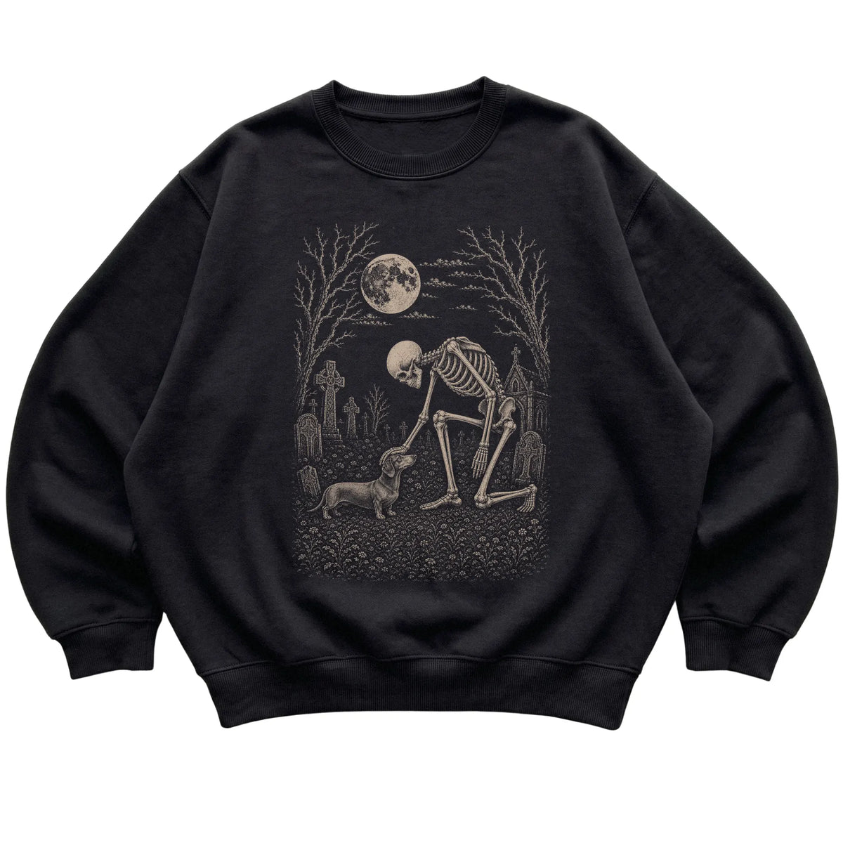 Skeleton petting a Dachshund in a graveyard on a Black sweatshirt