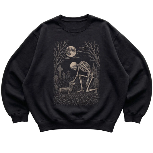 Skeleton petting a Dachshund in a graveyard on a Black sweatshirt