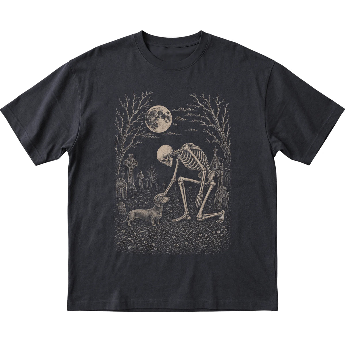 Skeleton petting a Dachshund in a graveyard on a Black T-shirt