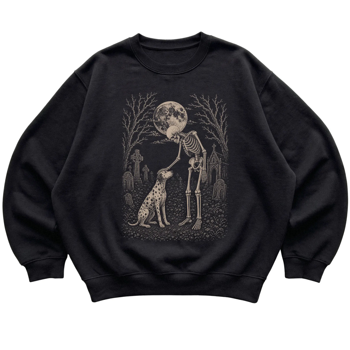 Skeleton petting a Dalmatian in a graveyard on a Black sweatshirt
