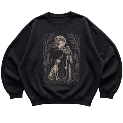 Skeleton petting a Dalmatian in a graveyard on a Black sweatshirt