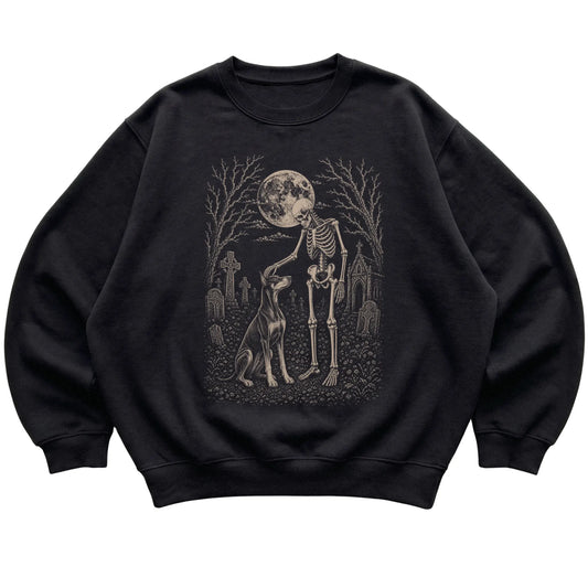 Skeleton petting a Doberman in a graveyard on a Black sweatshirt