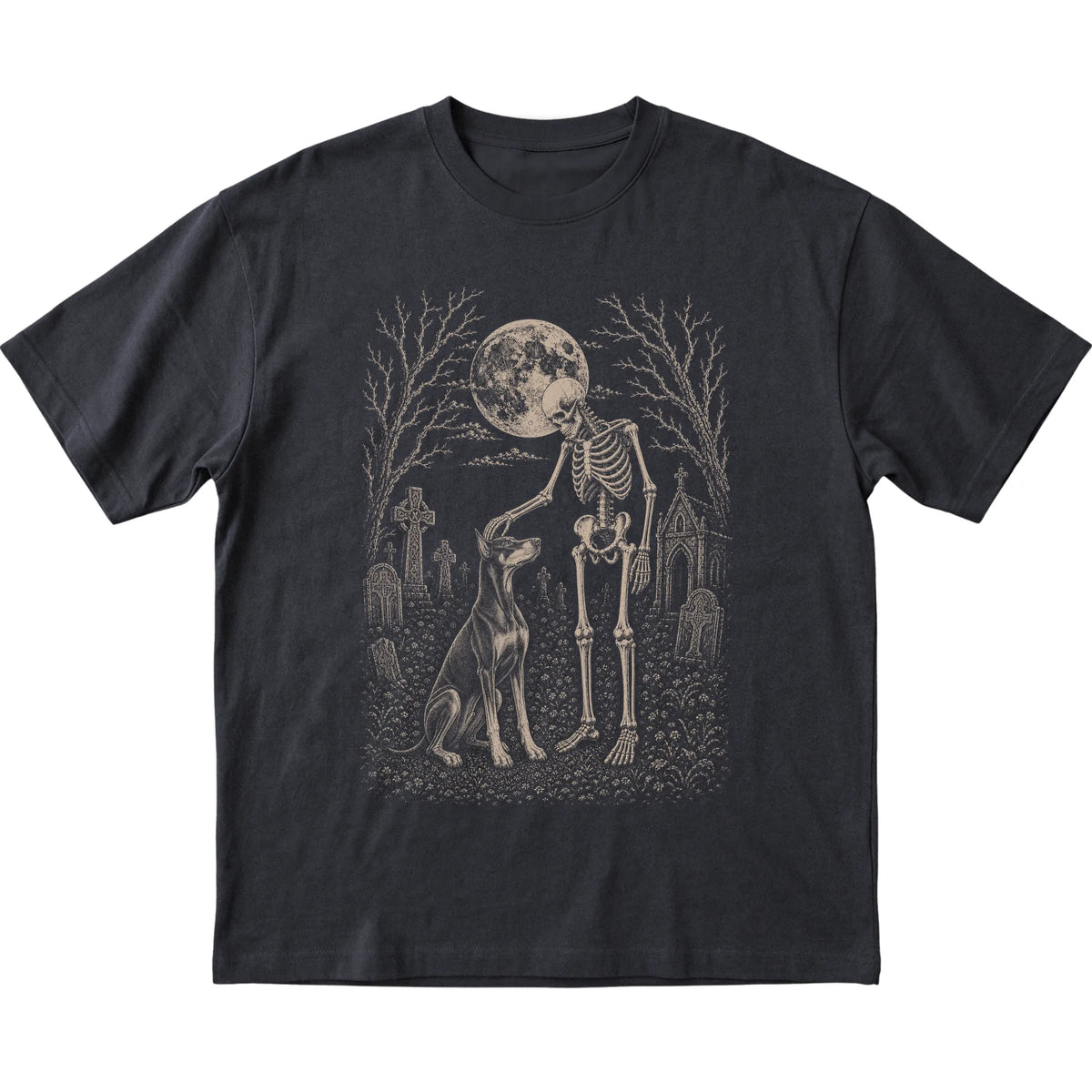 Skeleton petting a Doberman in a graveyard on a Black T-shirt