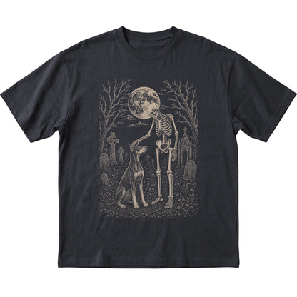 Skeleton petting a Doberman in a graveyard on a Black T-shirt