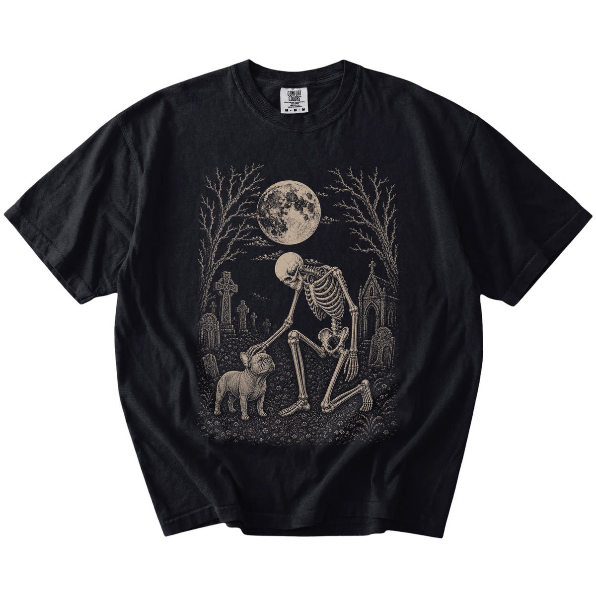 French Bulldog sharing a quiet cemetery moment with a friendly skeleton on a Black Comfort Colors® T-shirt