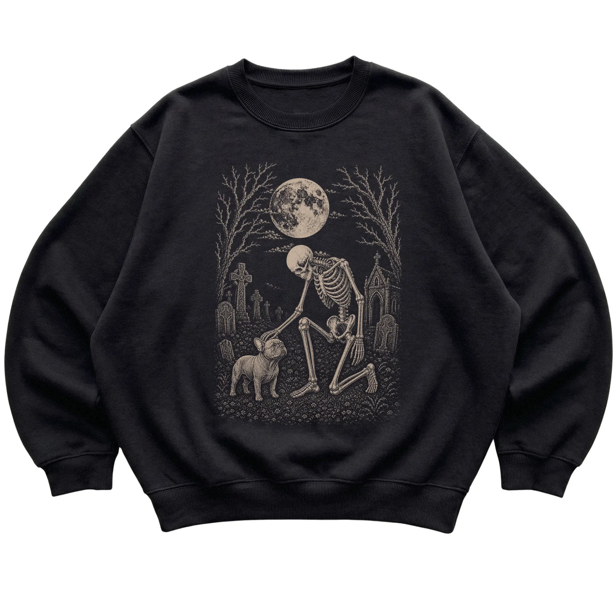 Skeleton petting a French Bulldog in a graveyard on a Black sweatshirt