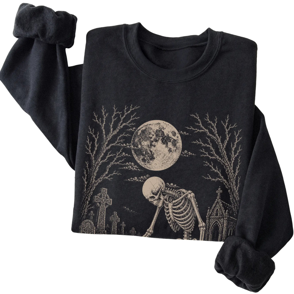 Folded Black sweatshirt with a skeleton petting a French Bulldog in a graveyard