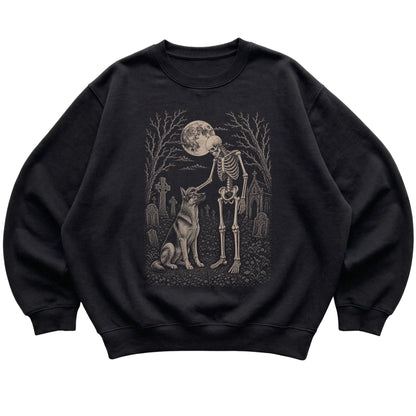 Skeleton petting a German Shepherd in a graveyard on a Black sweatshirt