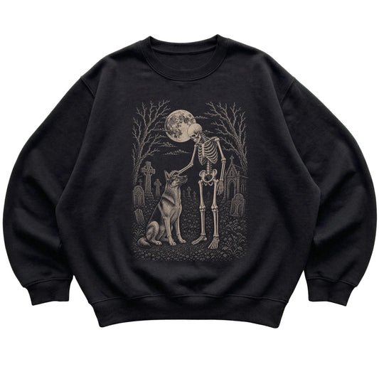 Skeleton petting a German Shepherd in a graveyard on a Black sweatshirt