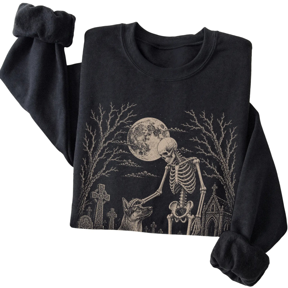 Folded Black sweatshirt with a skeleton petting a German Shepherd in a graveyard