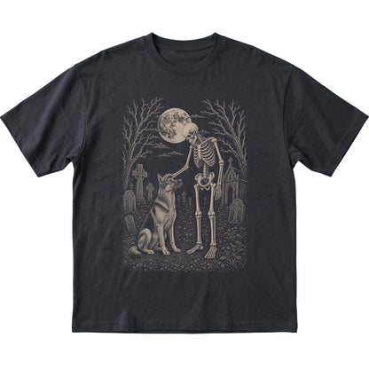 Skeleton petting a German Shepherd in a graveyard on a Black T-shirt