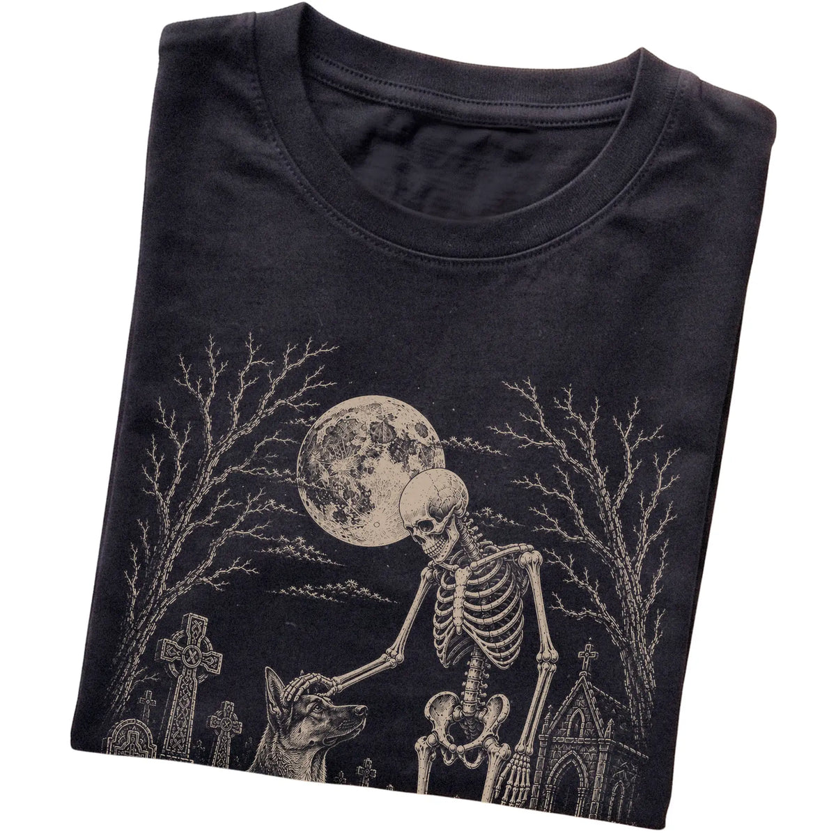 Folded Black T-shirt with a skeleton petting a German Shepherd in a graveyard