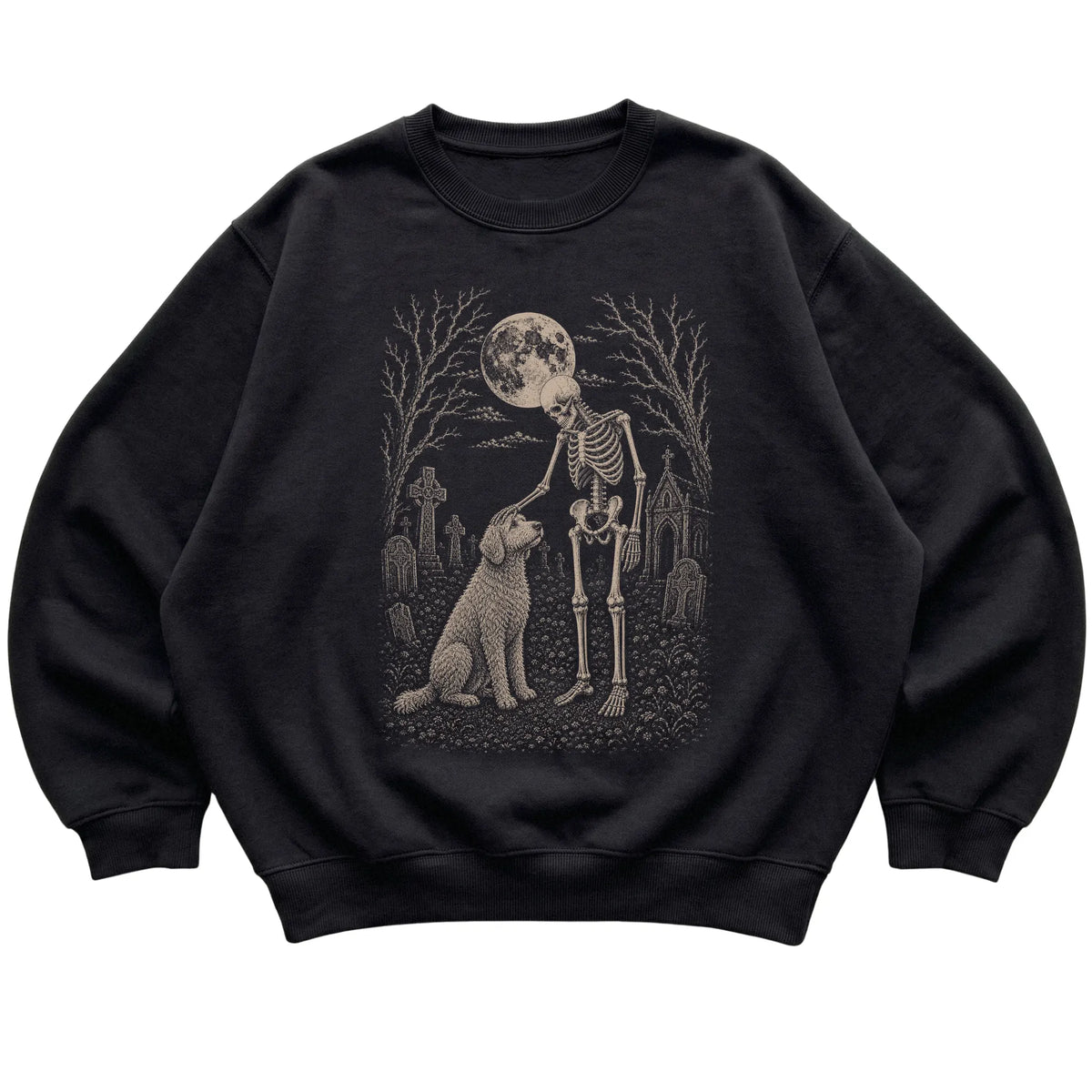 Skeleton petting a Goldendoodle in a graveyard on a Black sweatshirt
