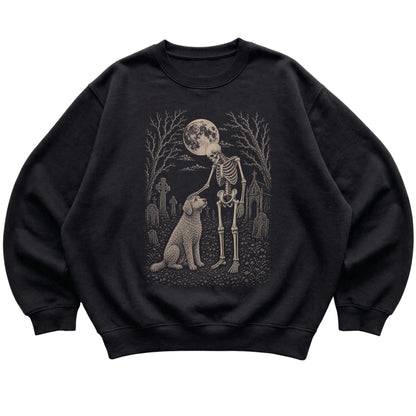 Skeleton petting a Goldendoodle in a graveyard on a Black sweatshirt