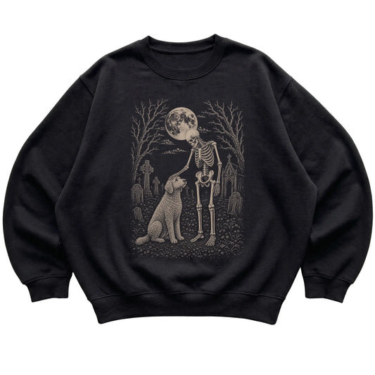 Skeleton petting a Goldendoodle in a graveyard on a Black sweatshirt