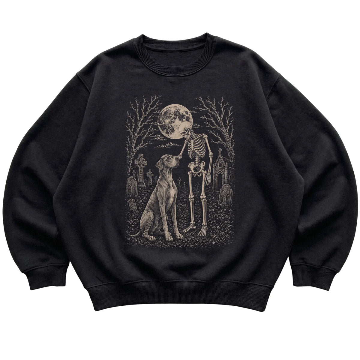Skeleton petting a Great Dane in a graveyard on a Black sweatshirt