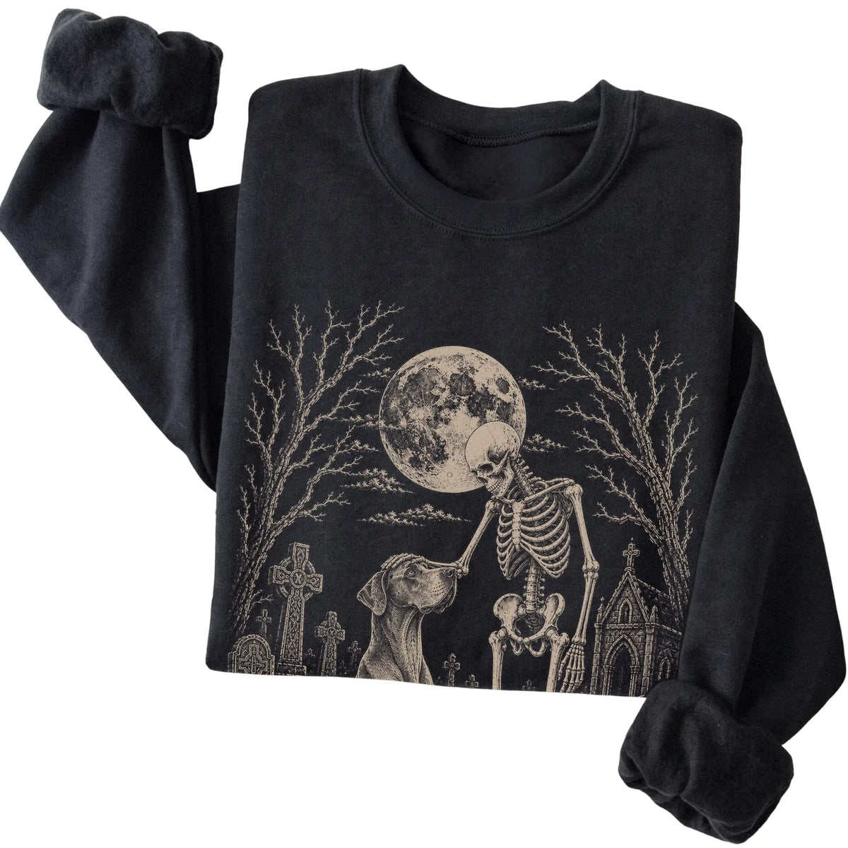 Folded Black sweatshirt with a skeleton petting a Great Dane in a graveyard
