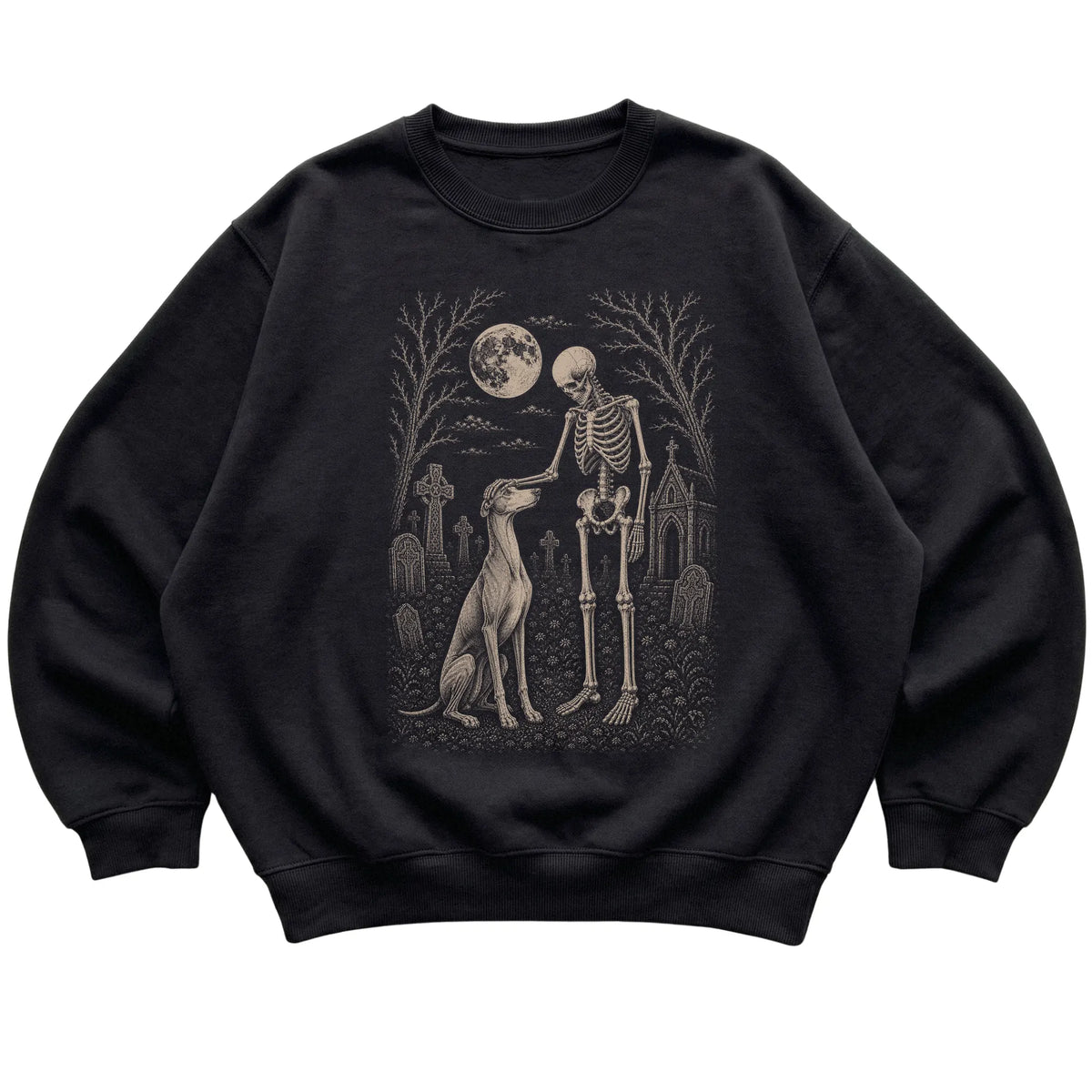 Skeleton petting a Greyhound in a graveyard on a Black sweatshirt