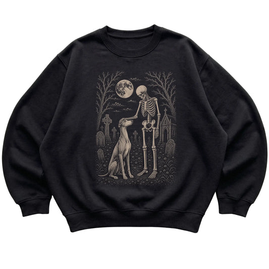 Skeleton petting a Greyhound in a graveyard on a Black sweatshirt