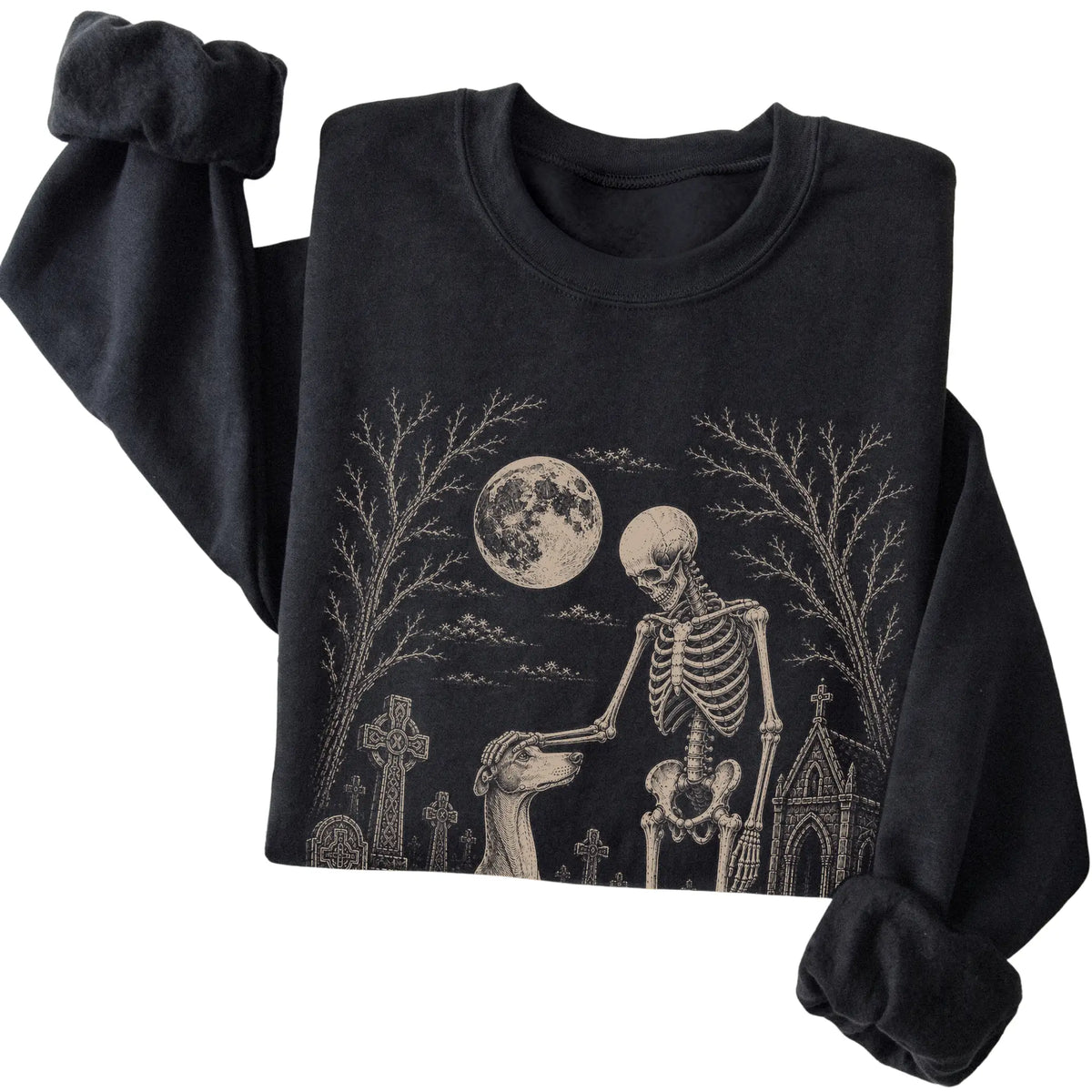Folded Black sweatshirt with a skeleton petting a Greyhound in a graveyard