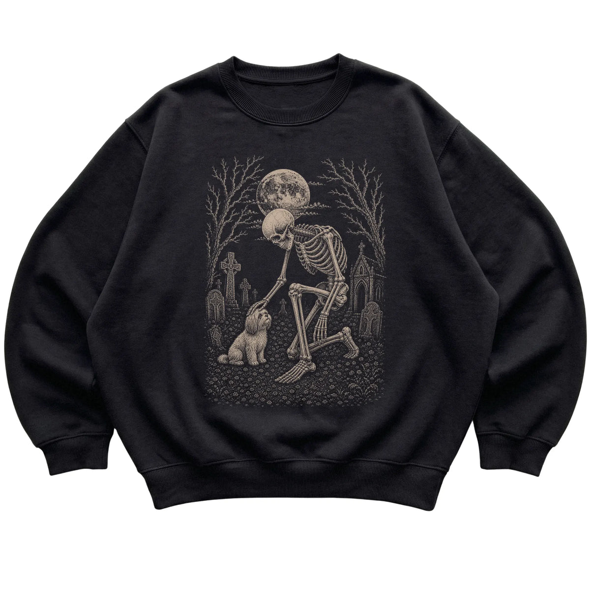Skeleton petting a Havanese in a graveyard on a Black sweatshirt