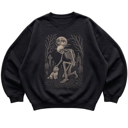 Skeleton petting a Havanese in a graveyard on a Black sweatshirt