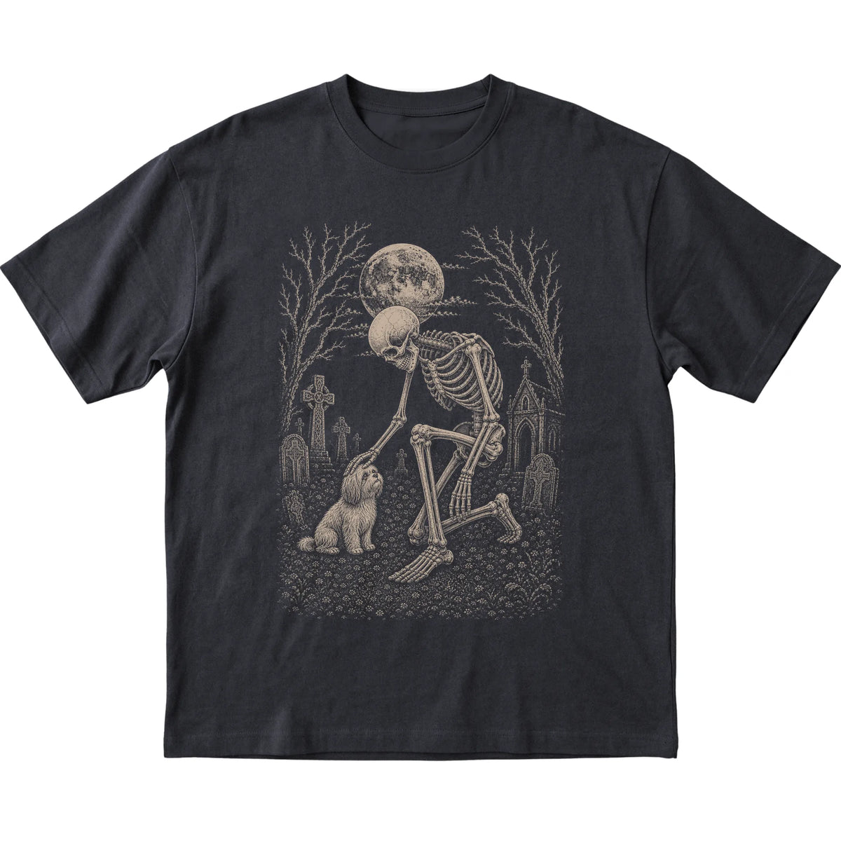 Skeleton petting a Havanese in a graveyard on a Black T-shirt