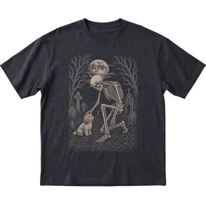 Skeleton petting a Havanese in a graveyard on a Black T-shirt