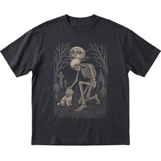 Skeleton petting a Havanese in a graveyard on a Black T-shirt