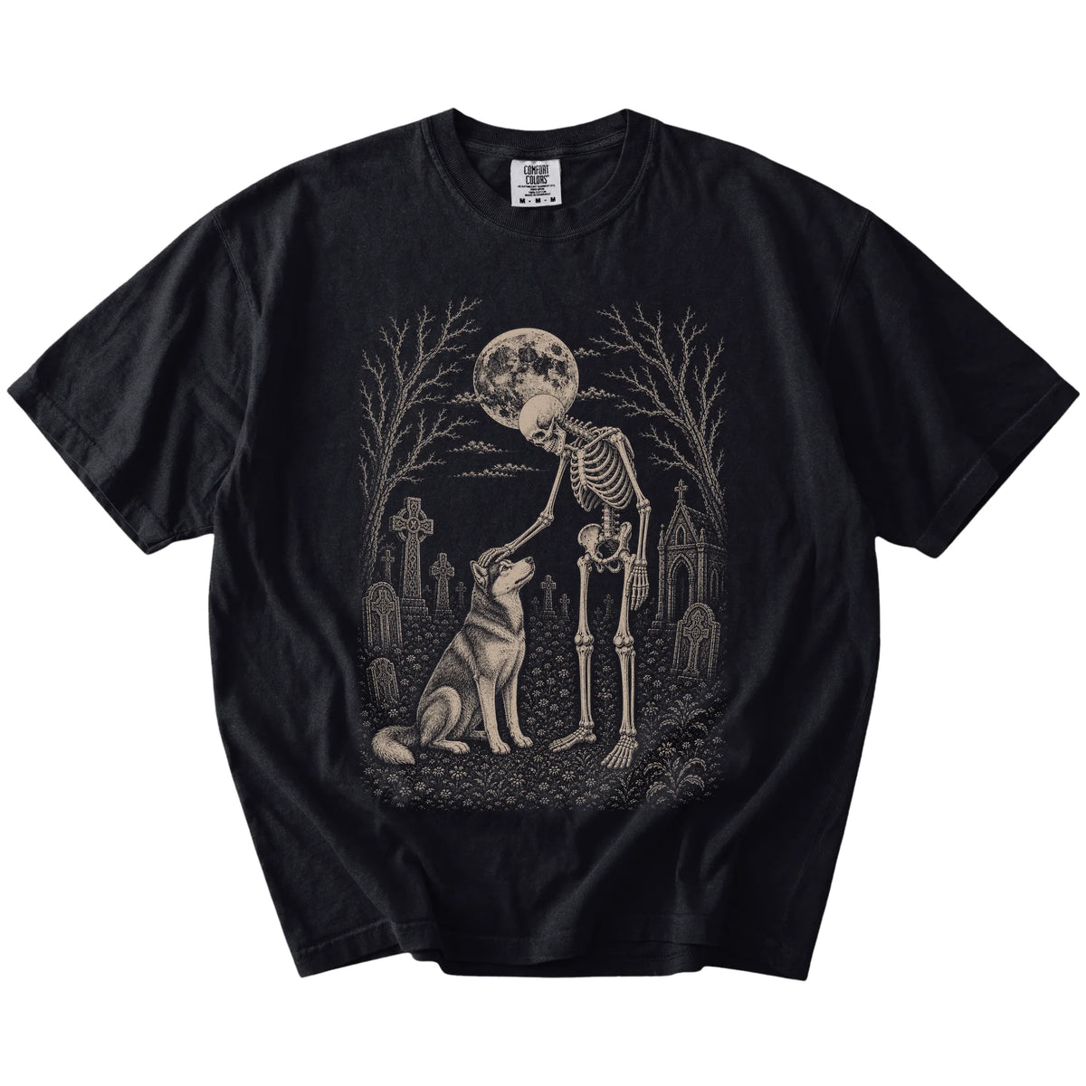 Husky sharing a quiet cemetery moment with a friendly skeleton on a Black Comfort Colors® T-shirt