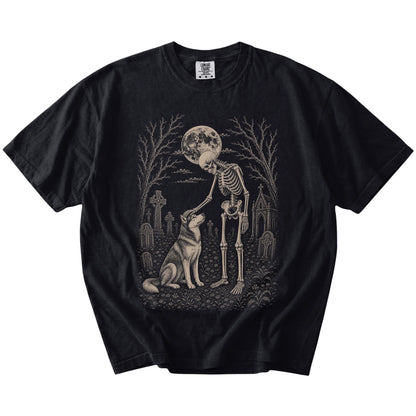 Husky sharing a quiet cemetery moment with a friendly skeleton on a Black Comfort Colors® T-shirt