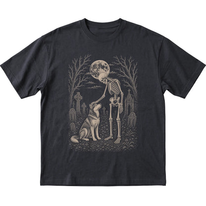 Skeleton petting a Husky in a graveyard on a Black T-shirt