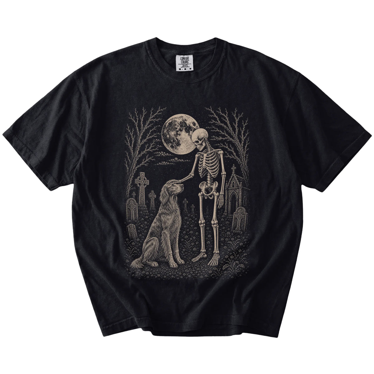Irish Setter sharing a quiet cemetery moment with a friendly skeleton on a Black Comfort Colors® T-shirt
